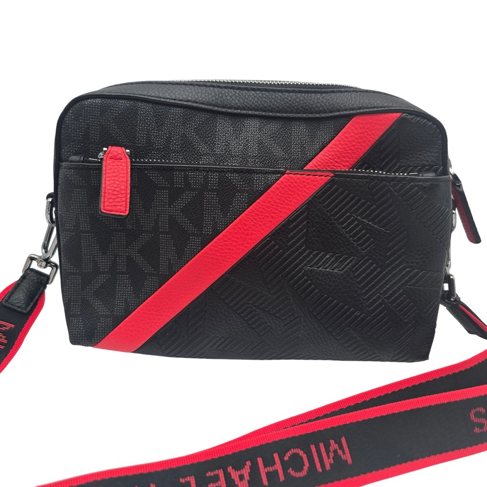 Michael Kors Black Monogram Camera Bag Red Stripe Adjustable Strap